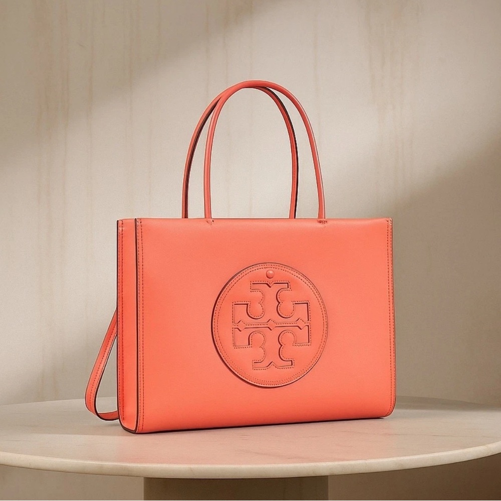 Tory Burch Ella Coral Orange Crush Eco Bio Small Tote Bag